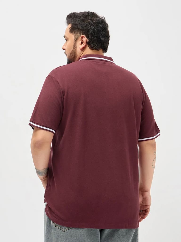 Plus Men's Maroon Solid Regular Fit Half Sleeve Cotton Polo T-Shirt — photo 3