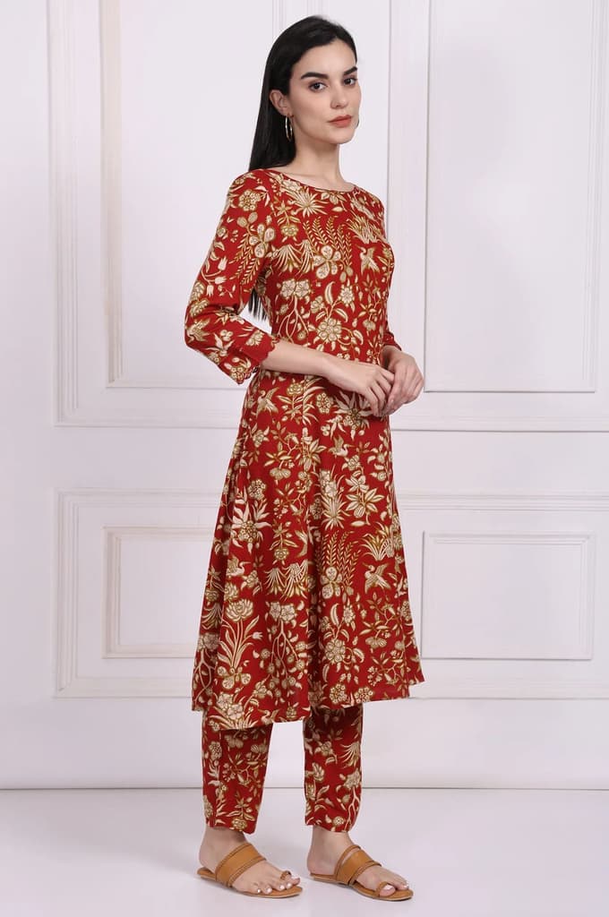 Red Floral Printed A-Line Kurta with Straight Pant and Dupatta Set — photo 6