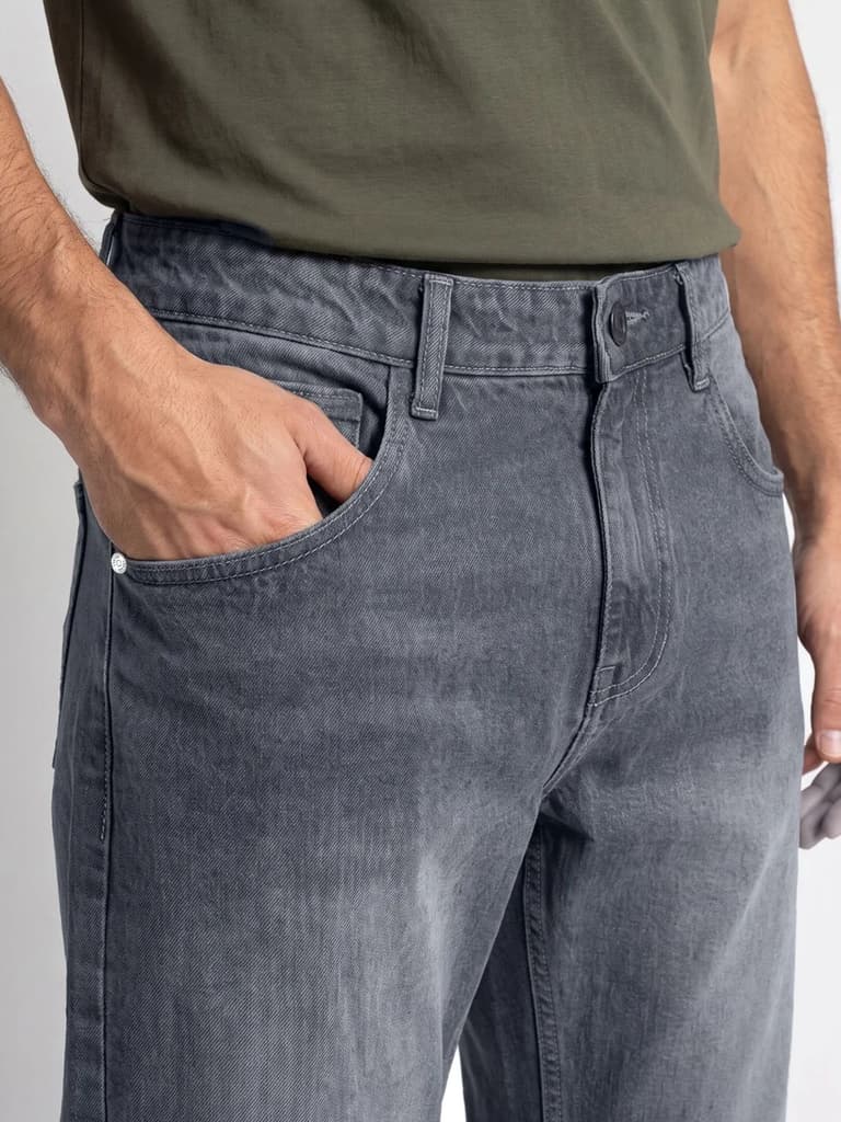 Men's Grey Relaxed Fit Washed Denim Jeans Non-Stretchable — photo 5
