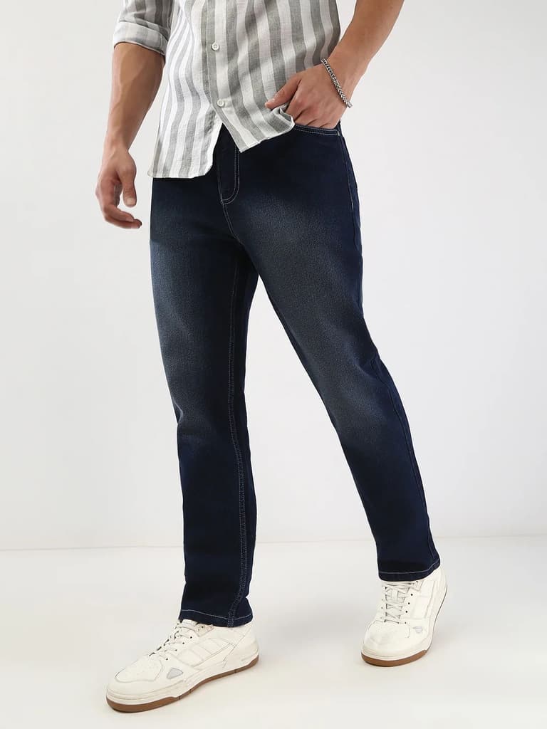 Men's Dark Blue Straight Fit Washed Jeans Stretchable — photo 2