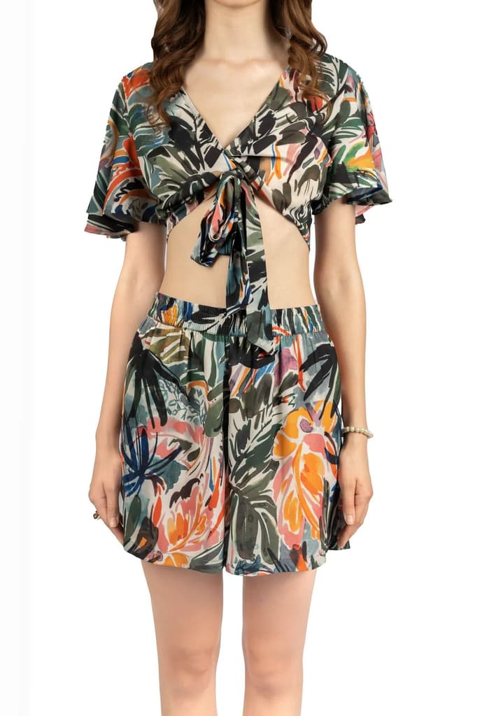 Multicolour Tropical Fit & Flare Co-ord Set in Poly Georgette — photo 4