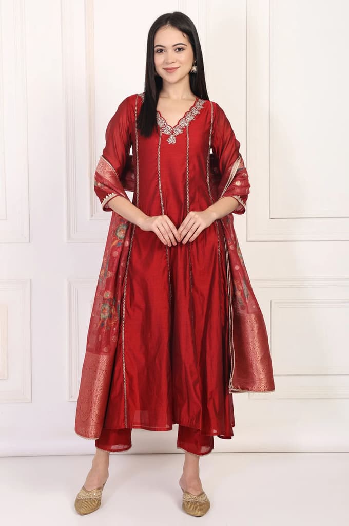 Maroon Embroidered Anarkali Art Silk Kurta with Straight Pant and Dupatta Set