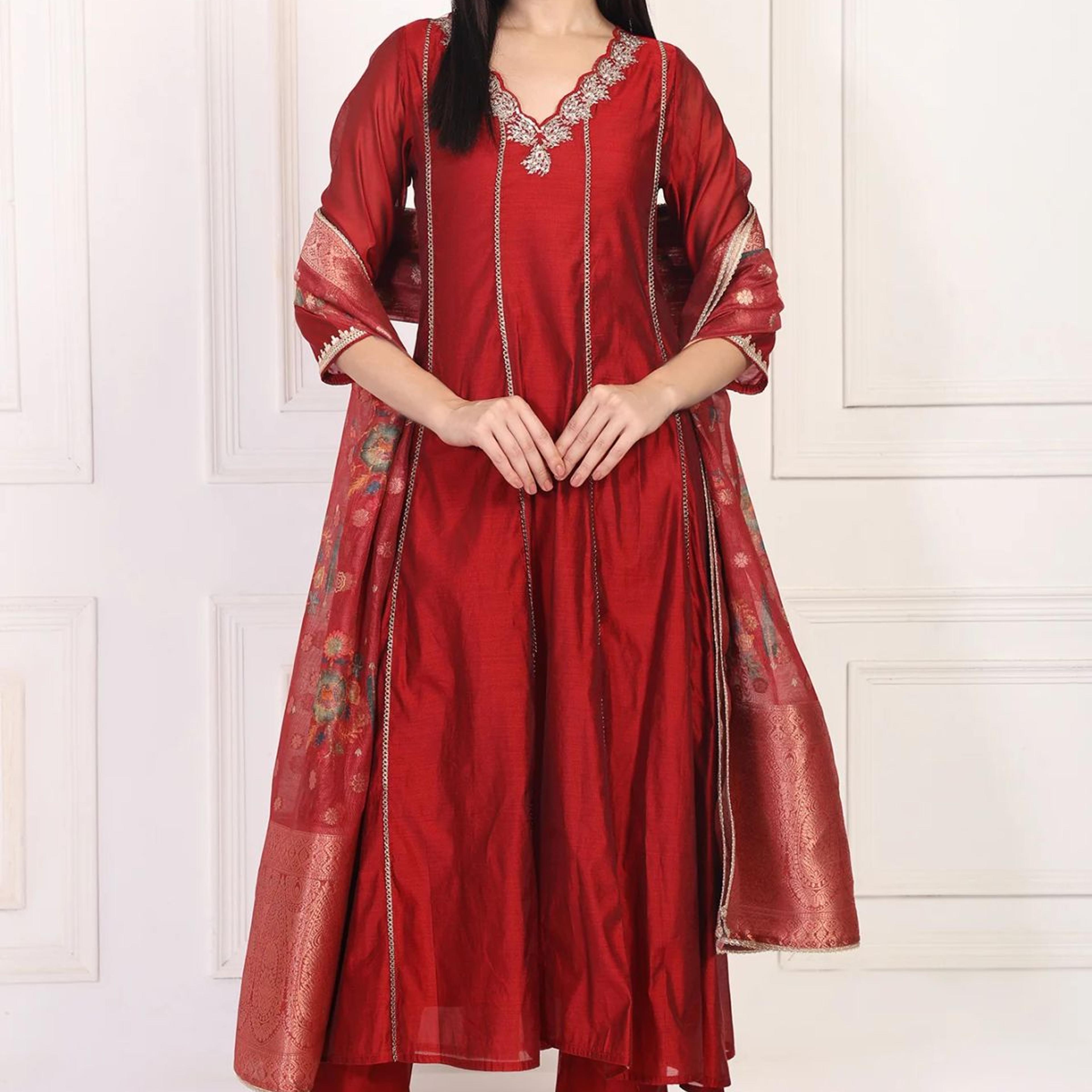 Maroon Embroidered Anarkali Art Silk Kurta with Straight Pant and Dupatta Set
