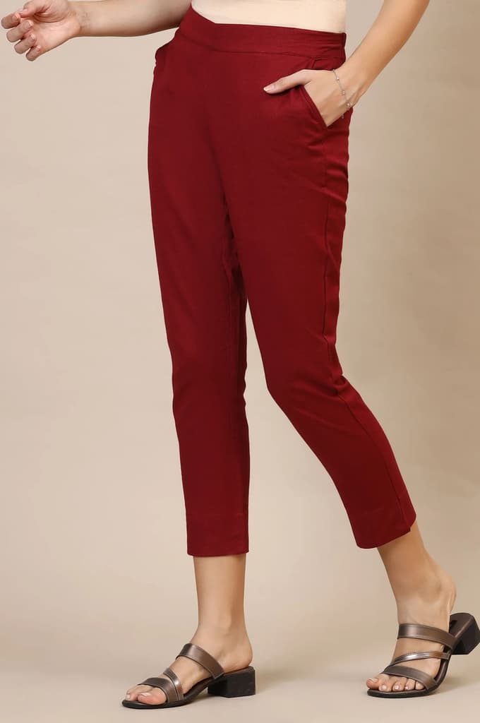 Maroon Solid Straight Fit Cotton Trousers With Elasticated Waist — photo 3