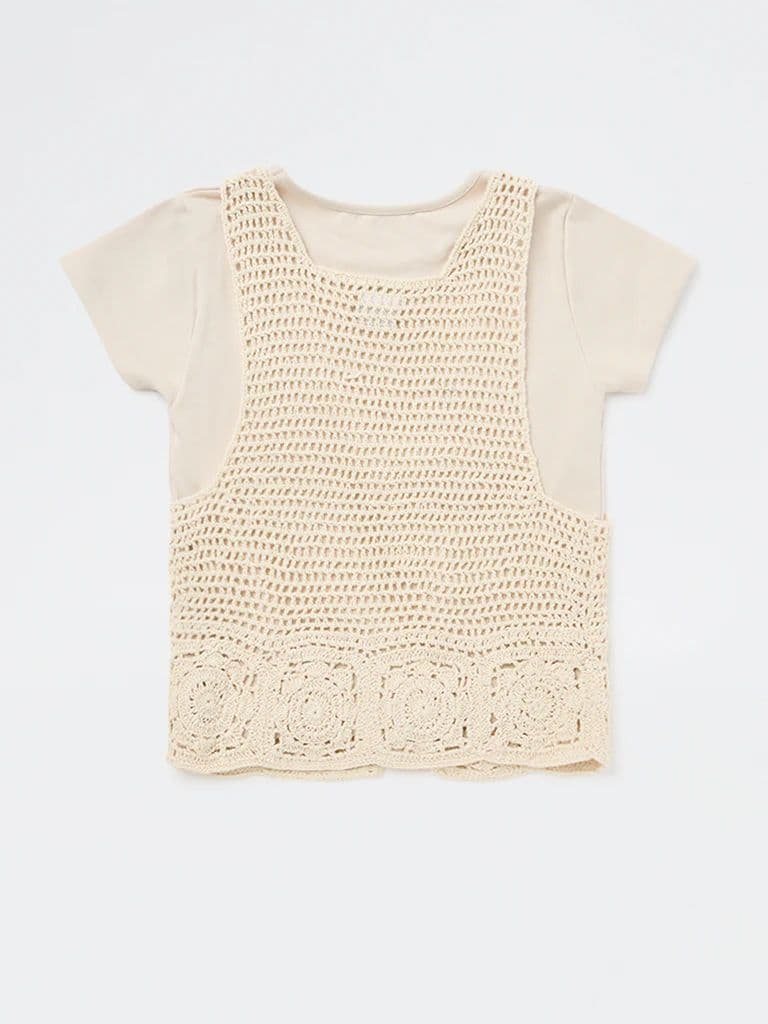 Y&F Kids Girls Beige Crochet Design Cotton-Blend Waistcoat with T-Shirt Set — photo 4