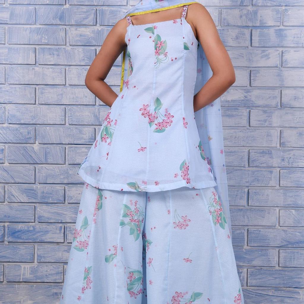 Blue Floral Printed Thread Embroidered Kota Flared Kurta, Flared Pant And Dupatta Set