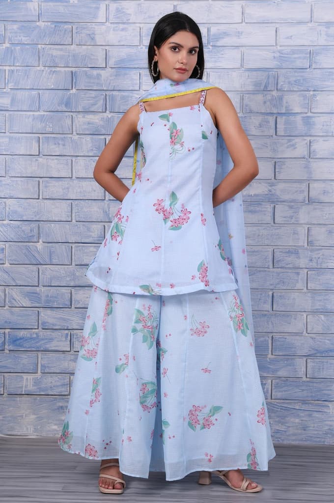 Blue Floral Printed Thread Embroidered Kota Flared Kurta, Flared Pant And Dupatta Set — XS