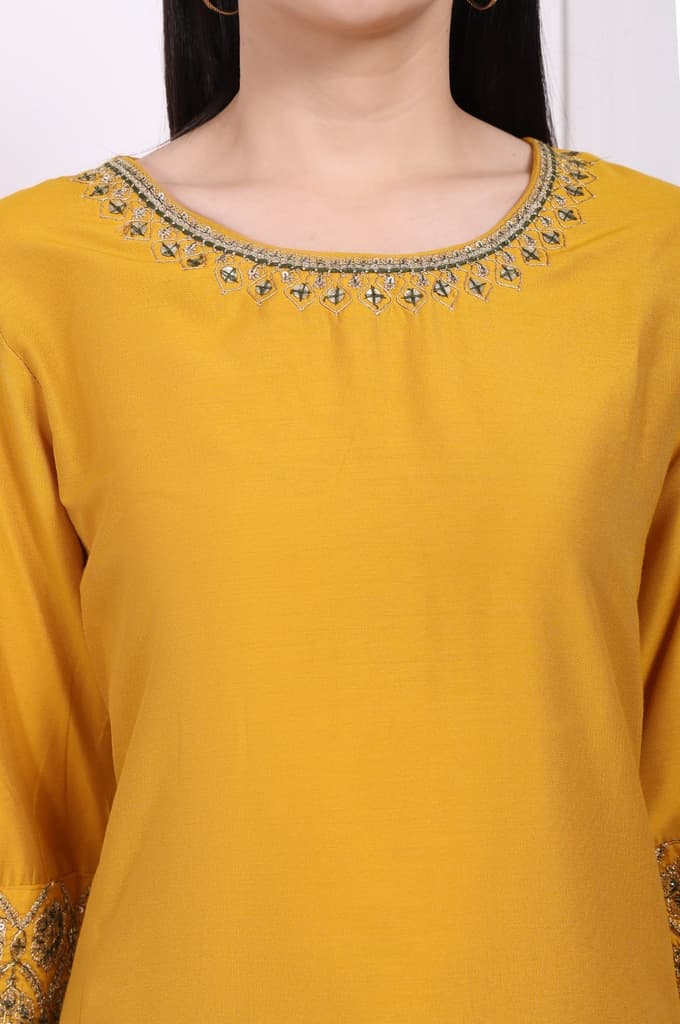 Yellow Embroidered A-Line Rayon Kurta with Straight Pant — photo 3