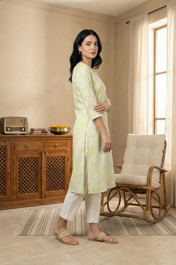 Lime Green Lace Floral Printed Pure Cotton Straight Kurta — photo 4