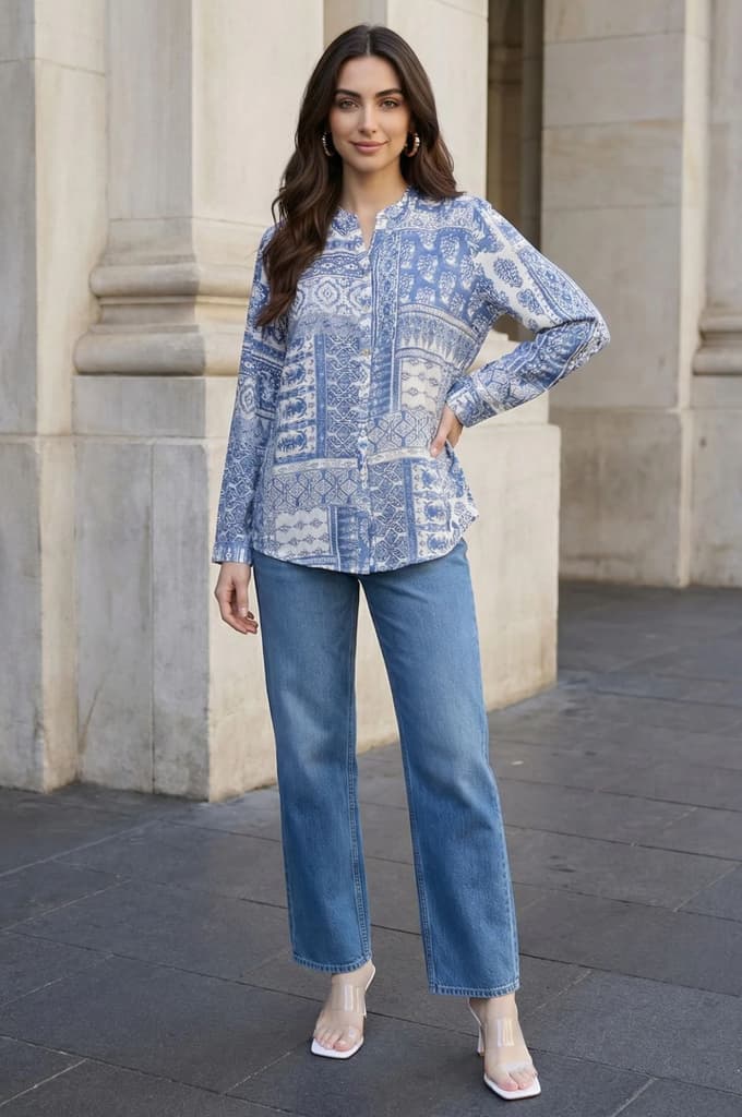 Blue Geometric Printed Straight Shirt — photo 2
