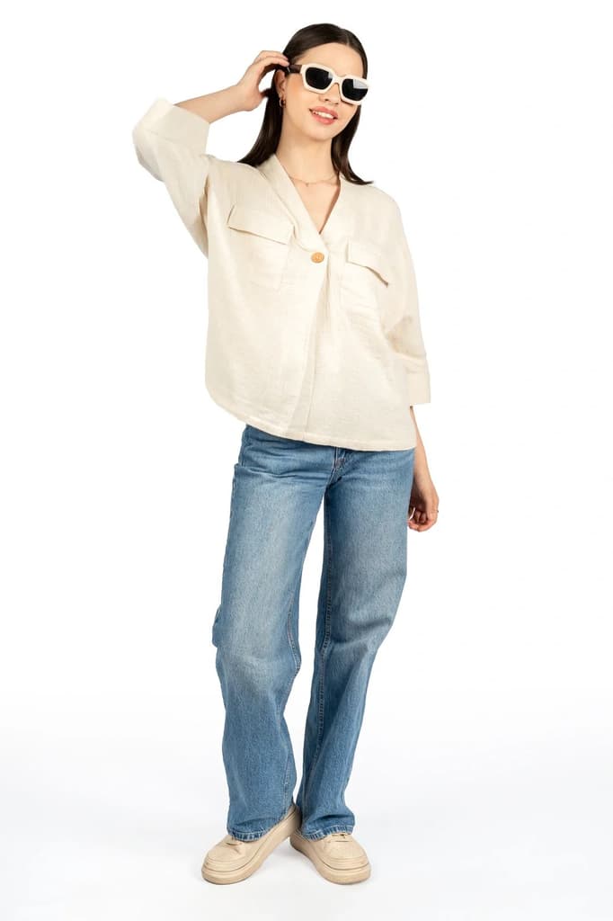 Beige Cotton Double Cloth Spandex Top — photo 6