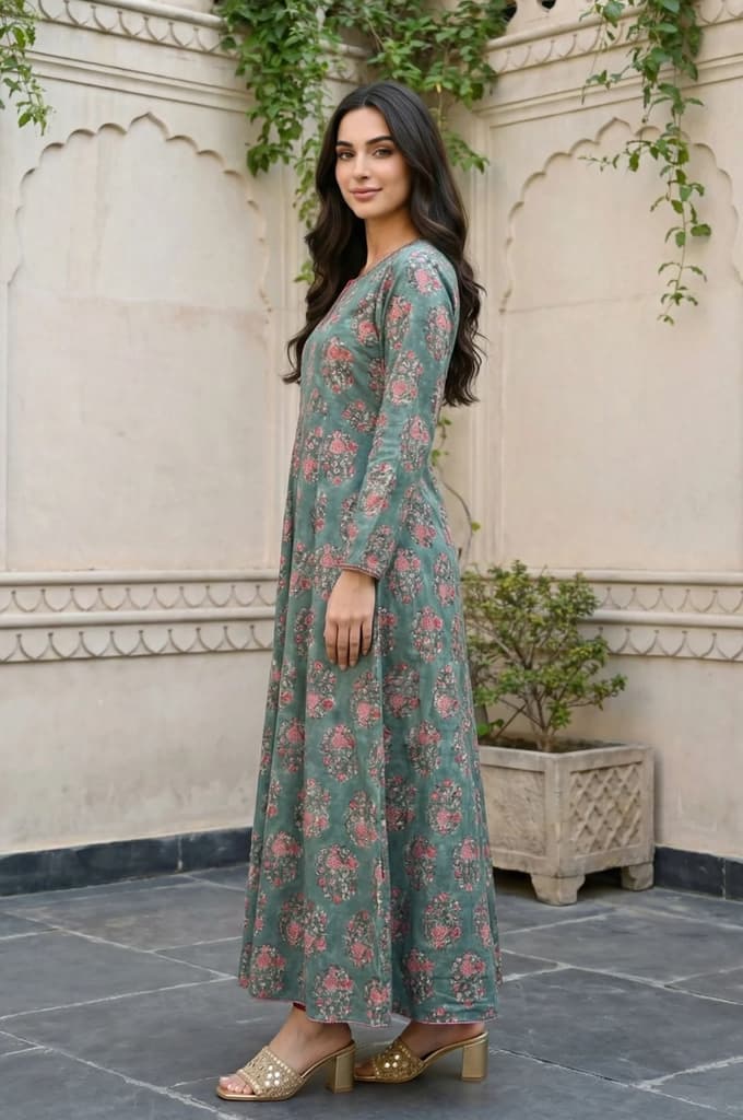 Green Floral Printed Satin Anarkali Kurta with Straight Pant and Dupatta Set — photo 2