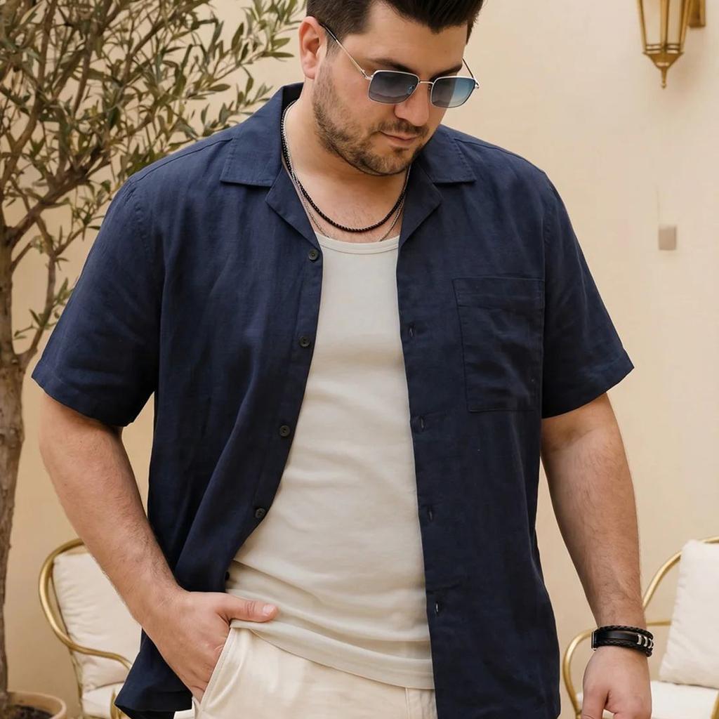 Plus Men's Navy Linen Half Sleeve Oversized Fit Shirt with Cuban Collar