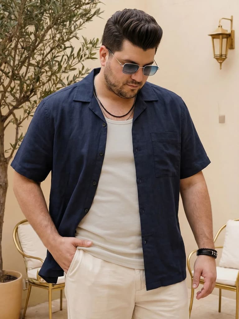 Plus Men's Navy Linen Half Sleeve Oversized Fit Shirt with Cuban Collar — XXL / Navy