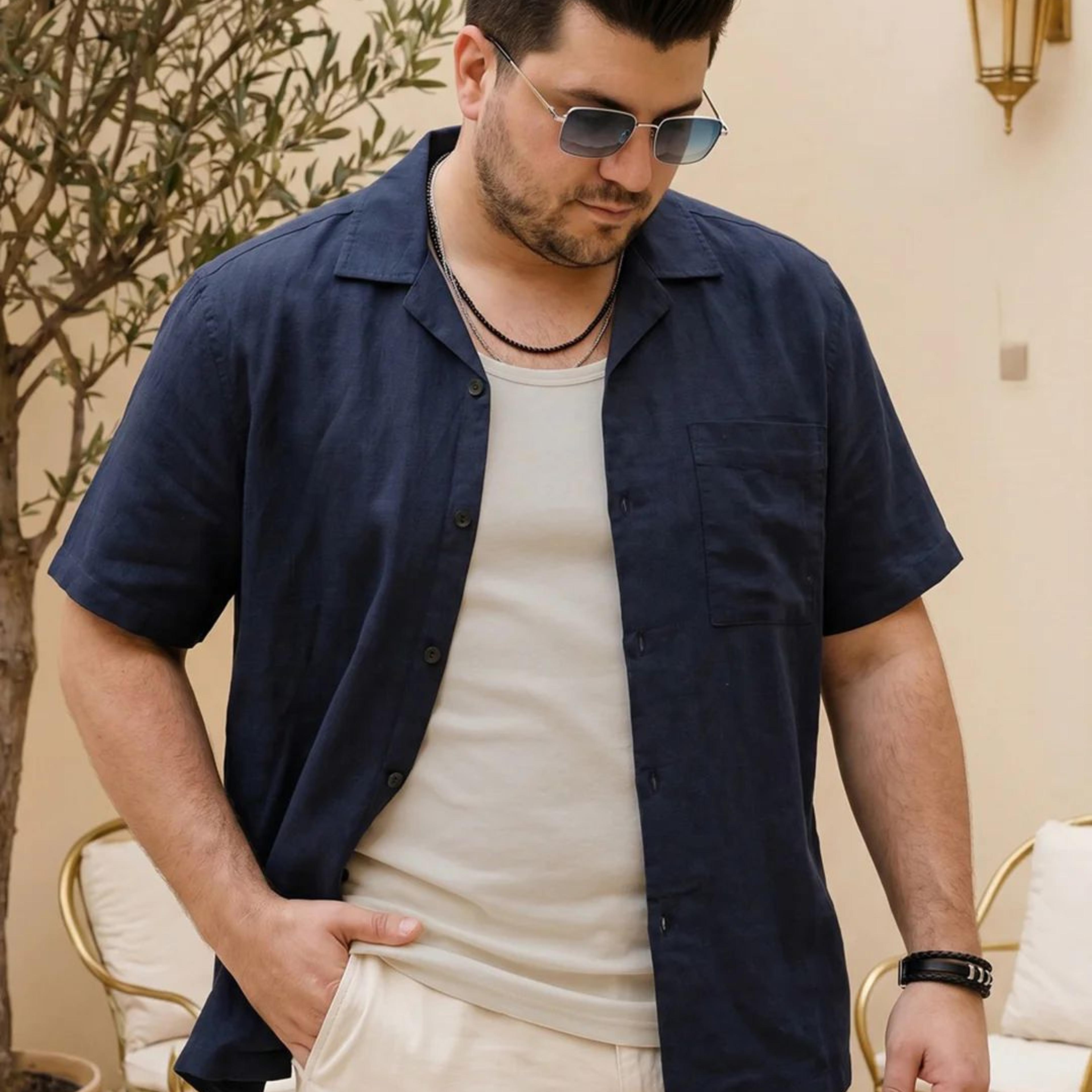 Plus Men's Navy Linen Half Sleeve Oversized Fit Shirt with Cuban Collar