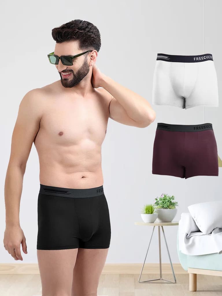 Men's Anti-Bacterial Micro Modal Trunk in Contrast Waistband (Pack of 3) — Pot Black; Sangria Wine; Cloud White / S / Men