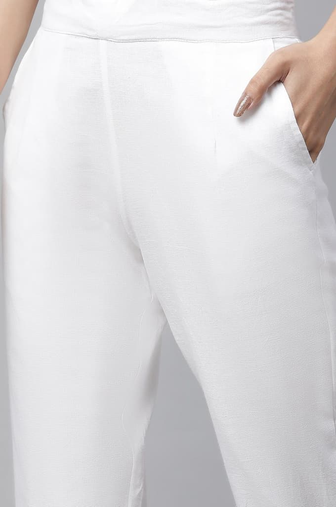 White Solid Straight Fit Cotton Trousers With Lace Inserts — photo 6