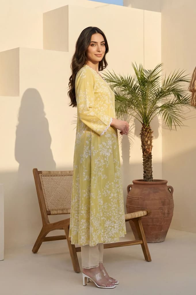 Yellow Floral Printed Lace Pure Cotton A-line Kurta — photo 3