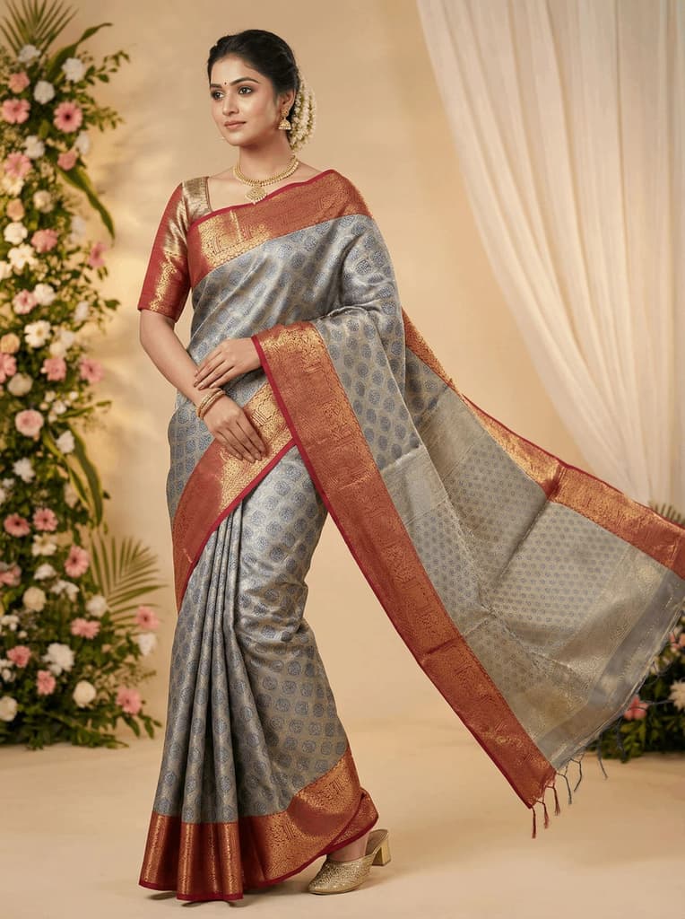 MIMOSA Women's Woven Design Kanjivaram Style Art Silk Saree with Blouse Piece - Navy Blue (SA00002734NVFREE) — photo 3