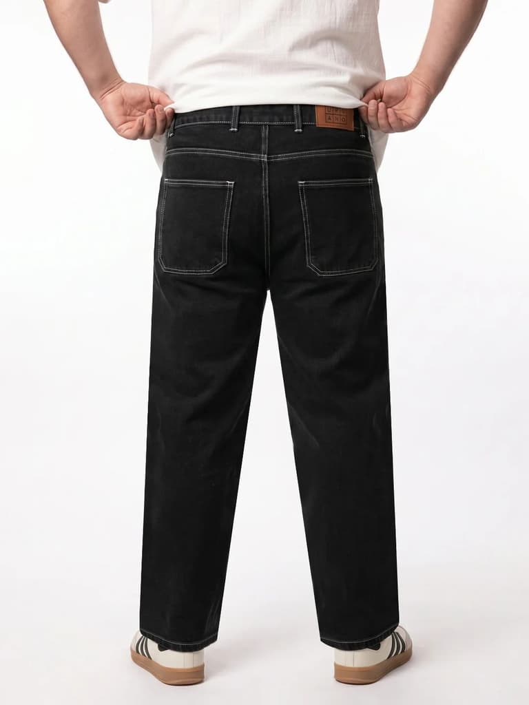 Plus Men's Black Loose Baggy Fit Washed Denim Jeans Non-Stretchable — photo 3