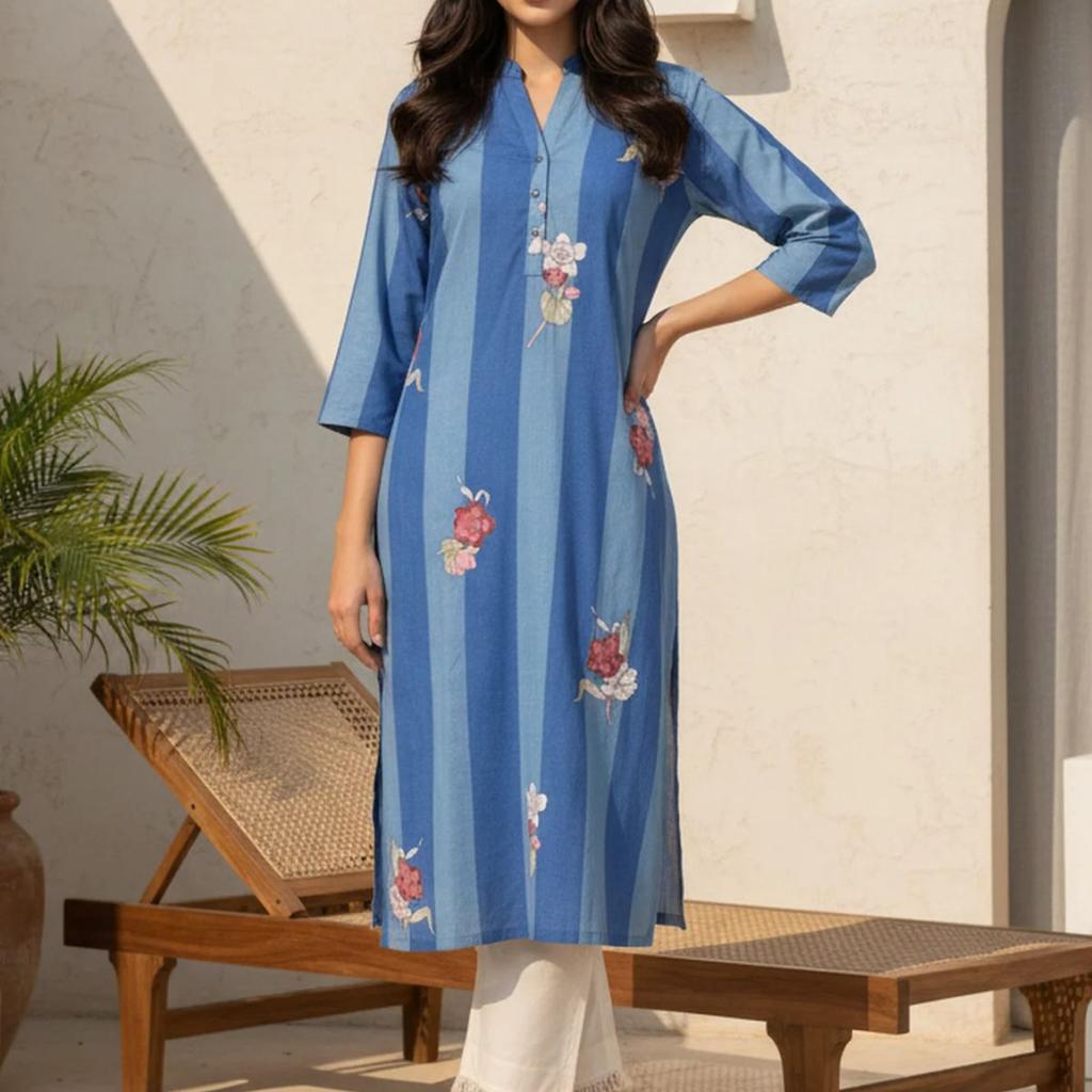 Blue Colour Block Floral Printed Pure Cotton Straight Kurta