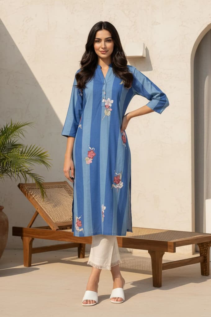 Blue Colour Block Floral Printed Pure Cotton Straight Kurta — XS