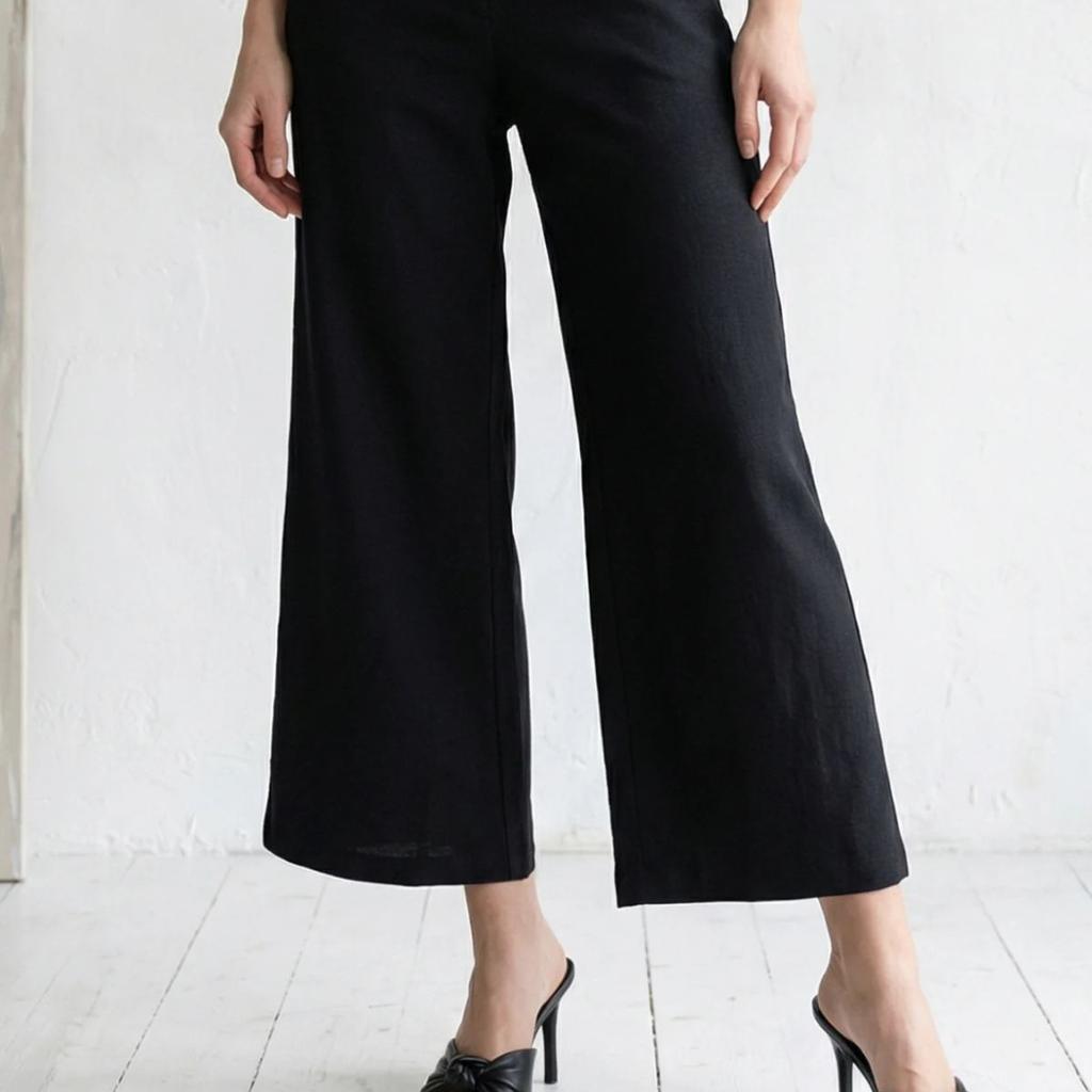 Black Solid Wide Leg Ankle Length Pants