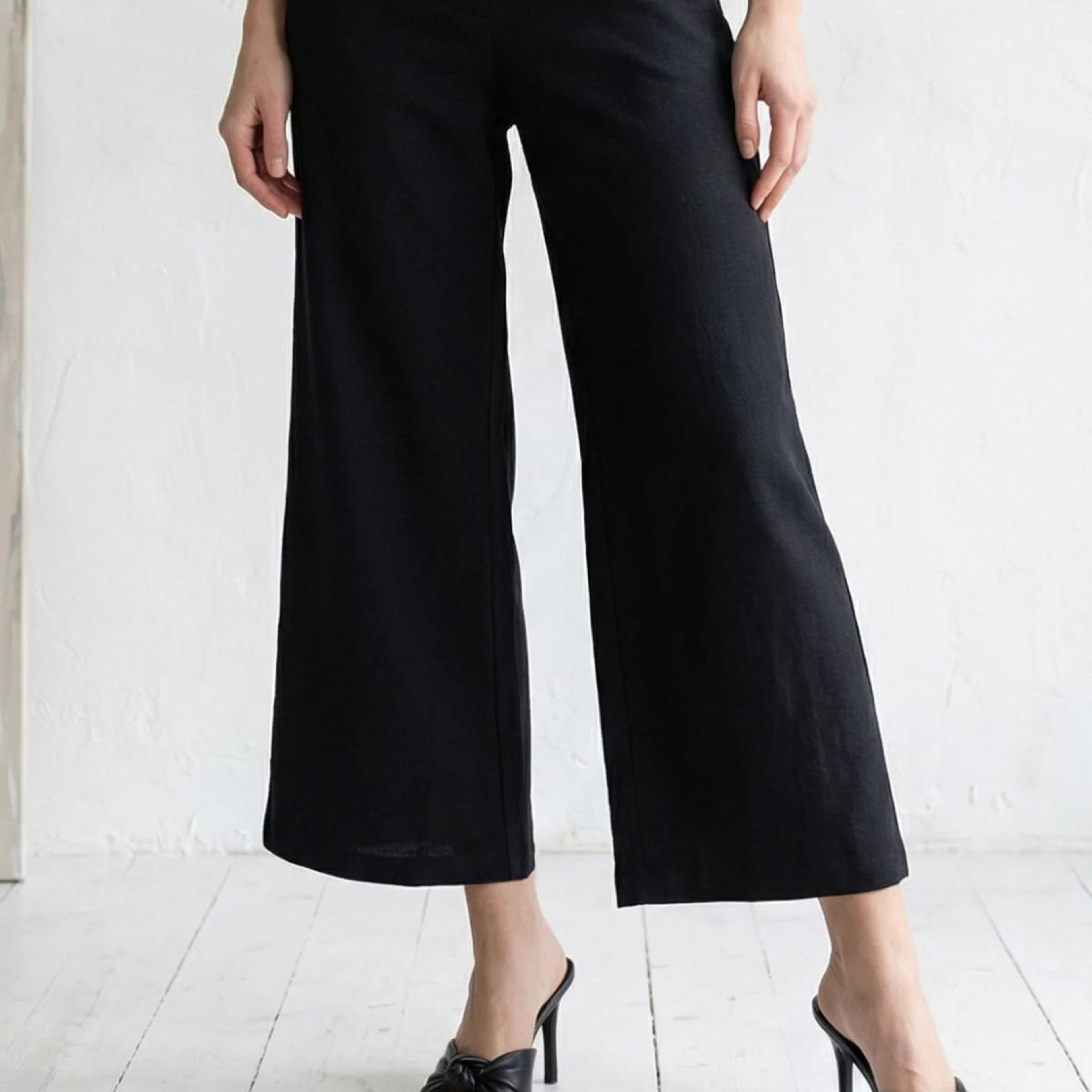 Black Solid Wide Leg Ankle Length Pants