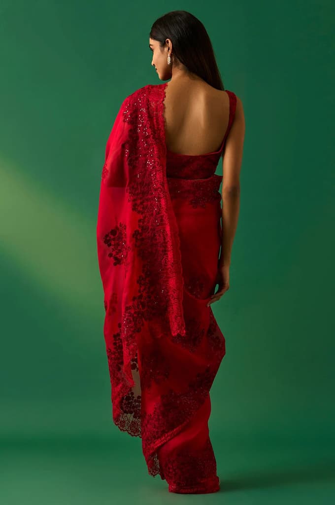 Red Floral Printed Embroidered Sequined Silk Saree with Unstitched Blouse — photo 4