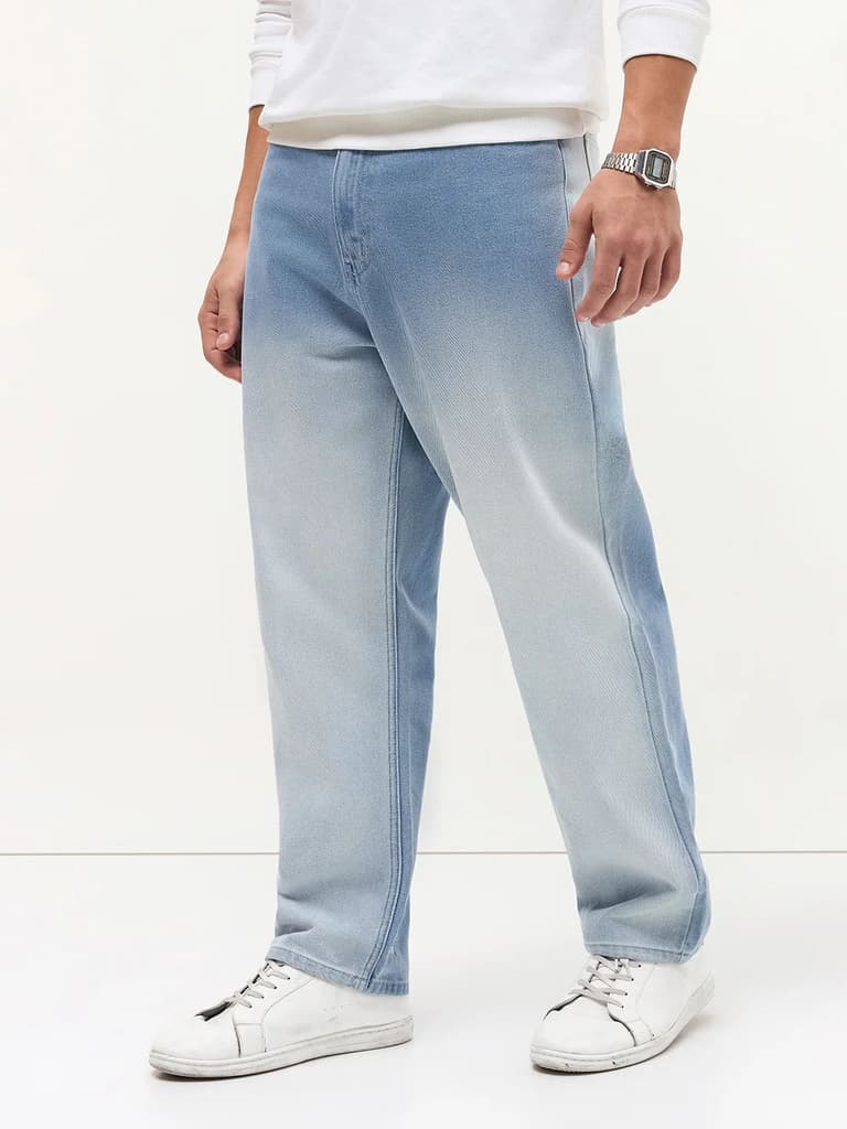 Men's Ice Blue Loose Baggy Fit Heavy Washed Faded Denim Jeans Non-Stretchable — photo 2