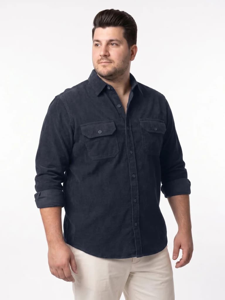 Plus Men's Navy Corduroy Full Sleeve Regular Fit Solid Overshirt with Utility Pockets — photo 2