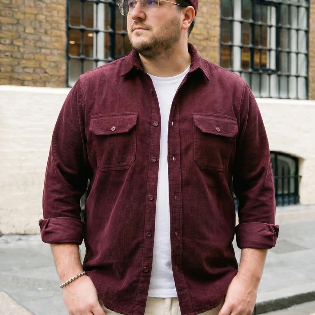Plus Men's Maroon Corduroy Full Sleeve Regular Fit Solid Overshirt with Utility Pockets