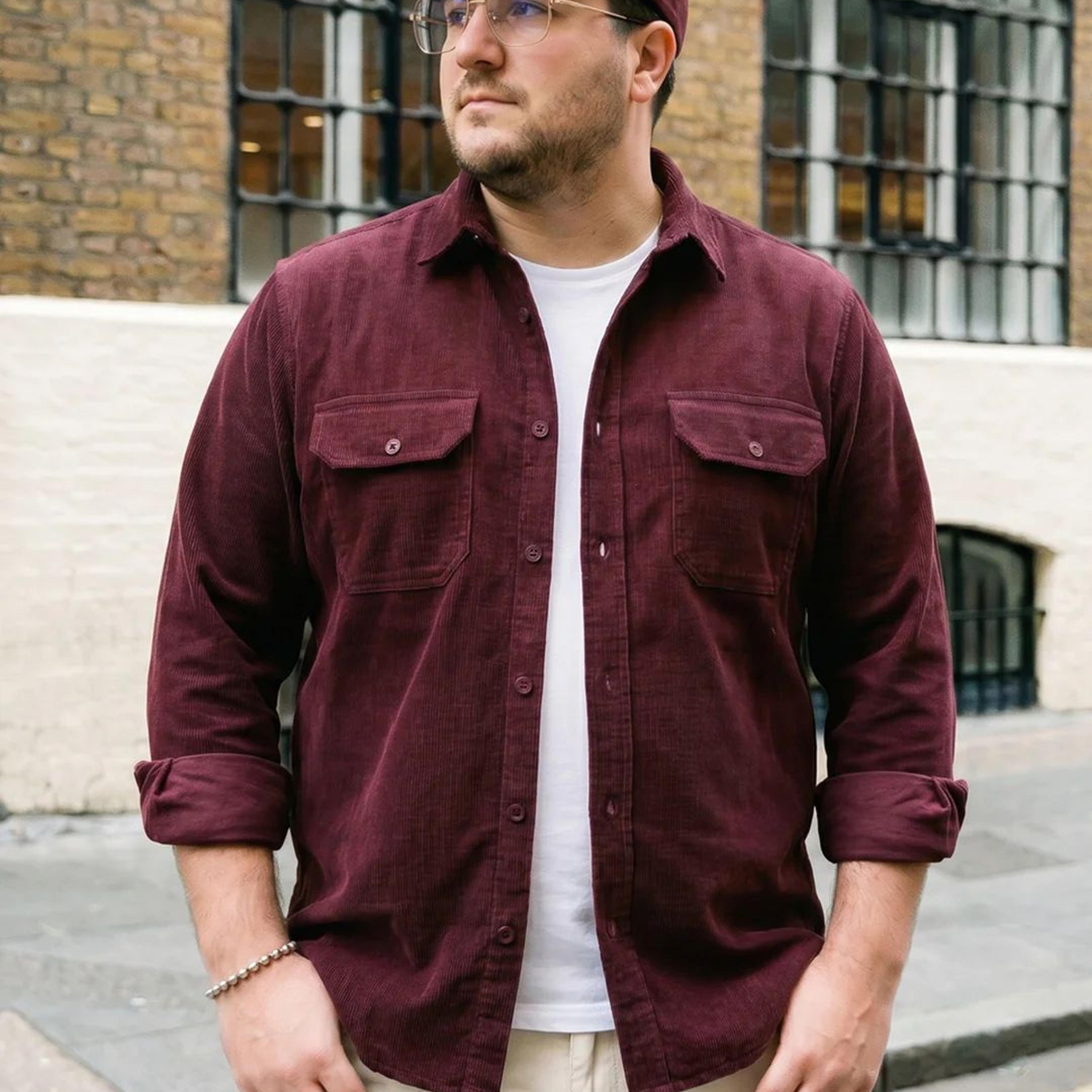 Plus Men's Maroon Corduroy Full Sleeve Regular Fit Solid Overshirt with Utility Pockets