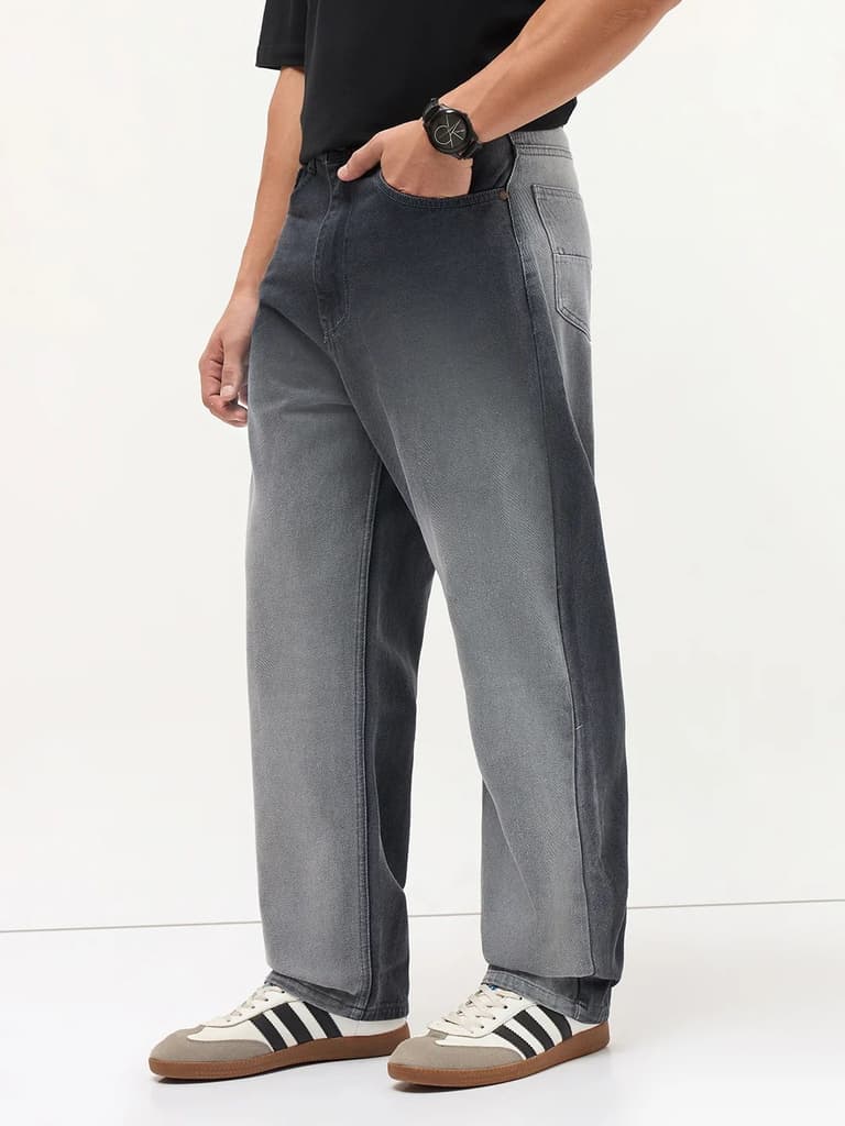 Men's Dark Grey Loose Baggy Fit Heavy Washed Faded Denim Jeans Non-Stretchable — photo 2