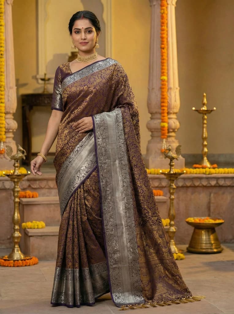 MIMOSA Women's Woven Design Banarasi Style Art Silk Saree with Blouse Piece - Navy ( SA00003132NVFREE ) — photo 2