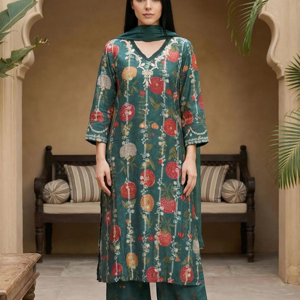 Green Floral Printed Straight Kurta with Flared Pants and Dupatta Set