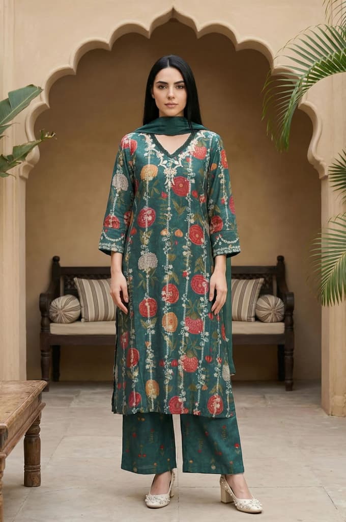 Green Floral Printed Straight Kurta with Flared Pants and Dupatta Set — XS