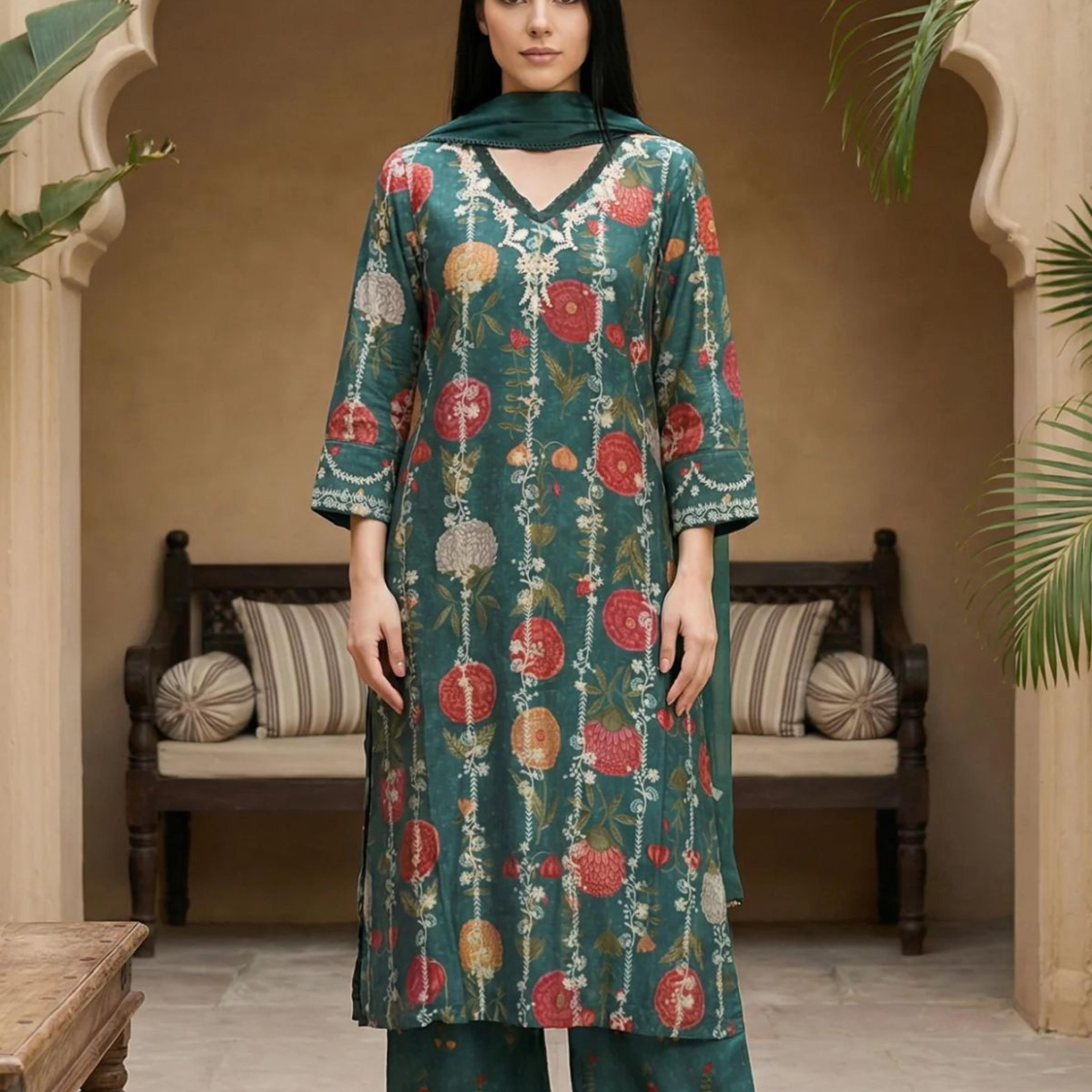 Green Floral Printed Straight Kurta with Flared Pants and Dupatta Set