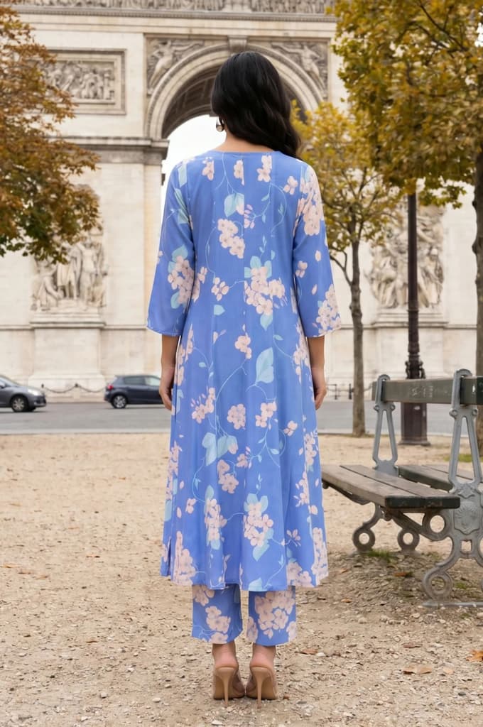 Blue Floral Printed Cotton Flax Flared Kurta — photo 5