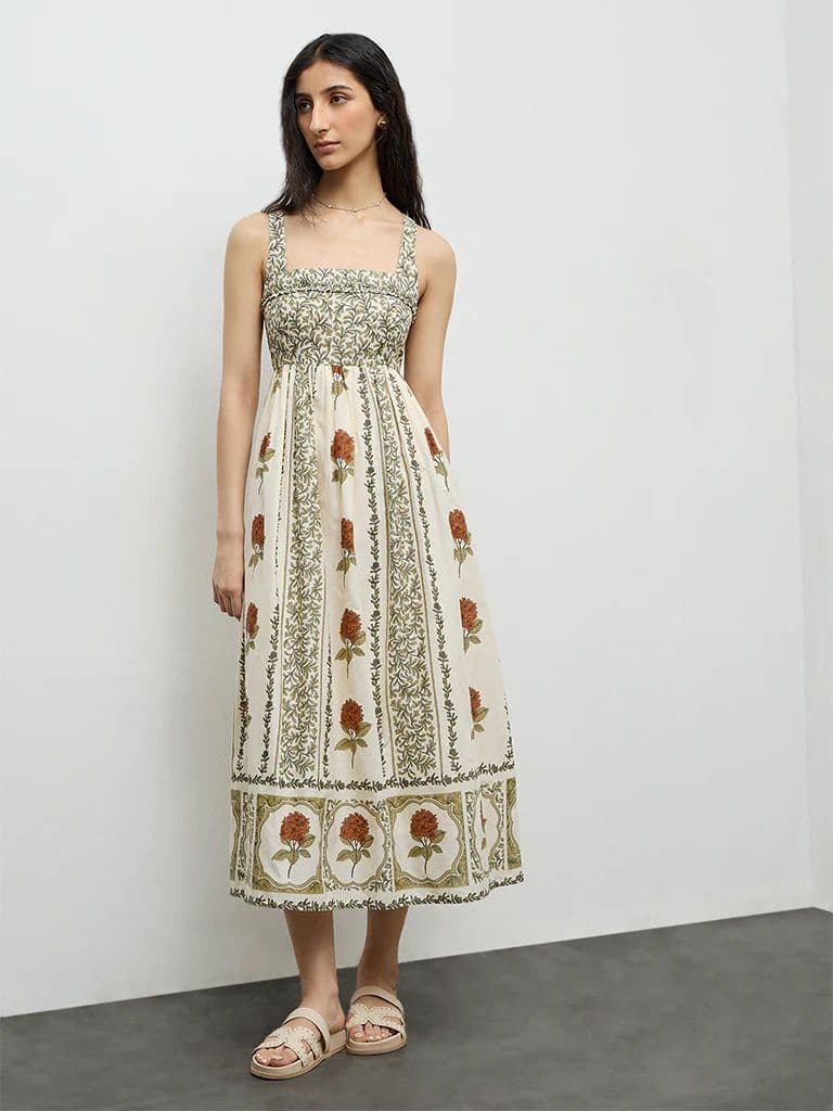 Bombay Paisley Off-White Printed Cotton A-Line Dress — photo 2