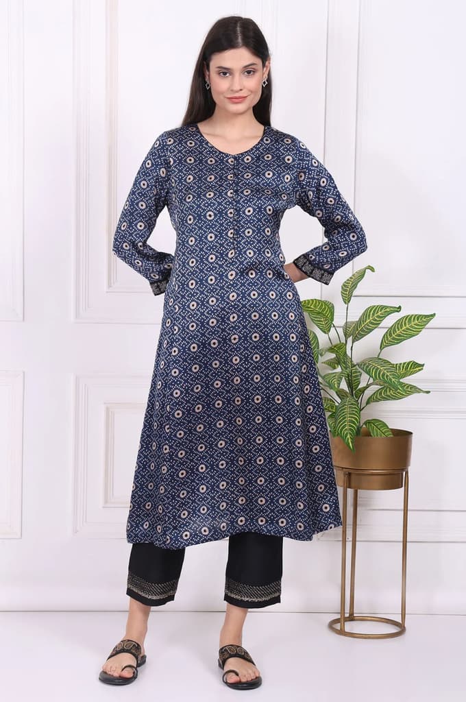 Navy Blue Geometric Printed Embroidered Modal Satin Straight Kurta — XS
