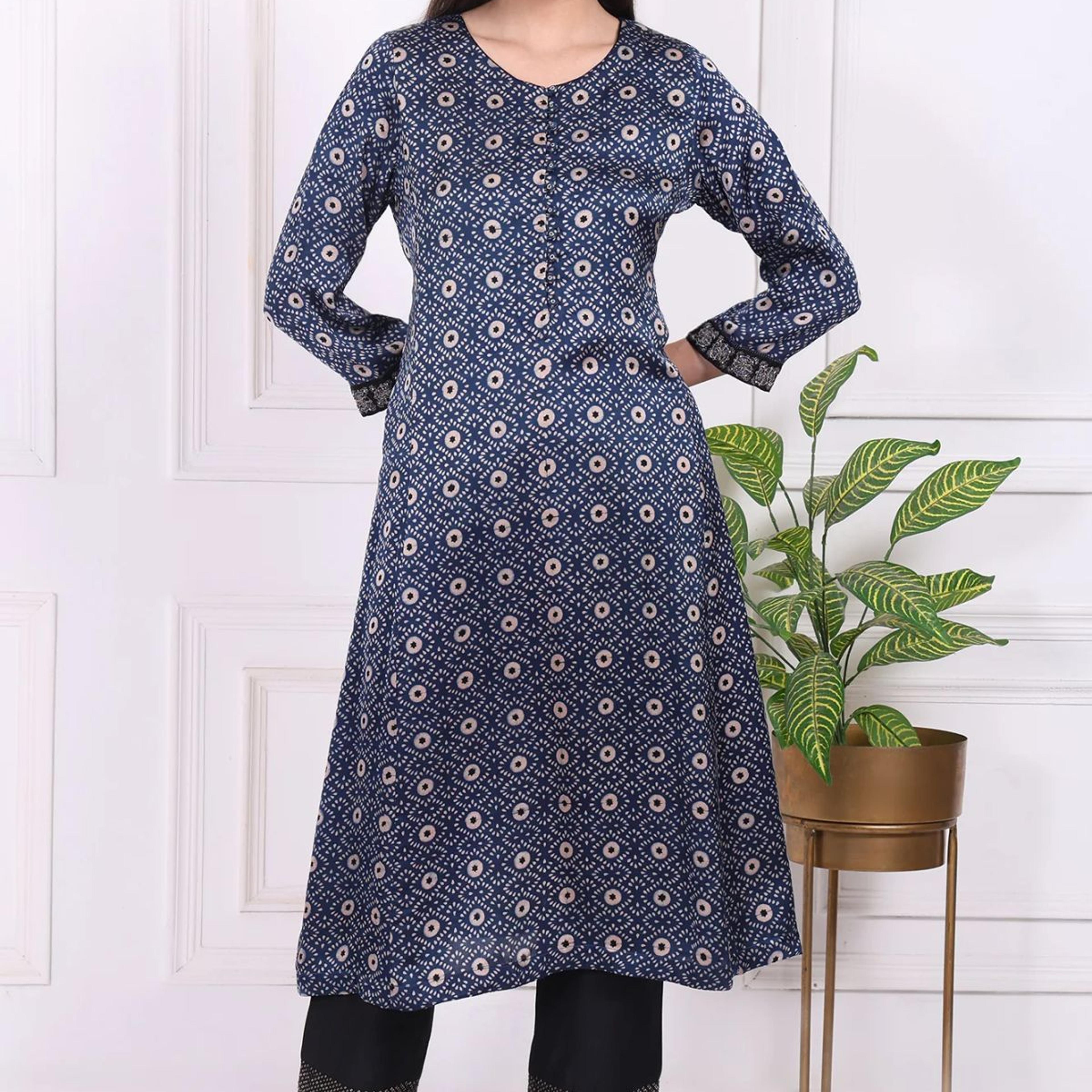 Navy Blue Geometric Printed Embroidered Modal Satin Straight Kurta