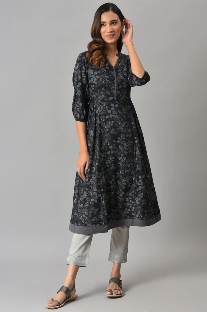 Grey Floral Embroidered Straight Fit Woven Pants With Elasticated Waist — photo 5