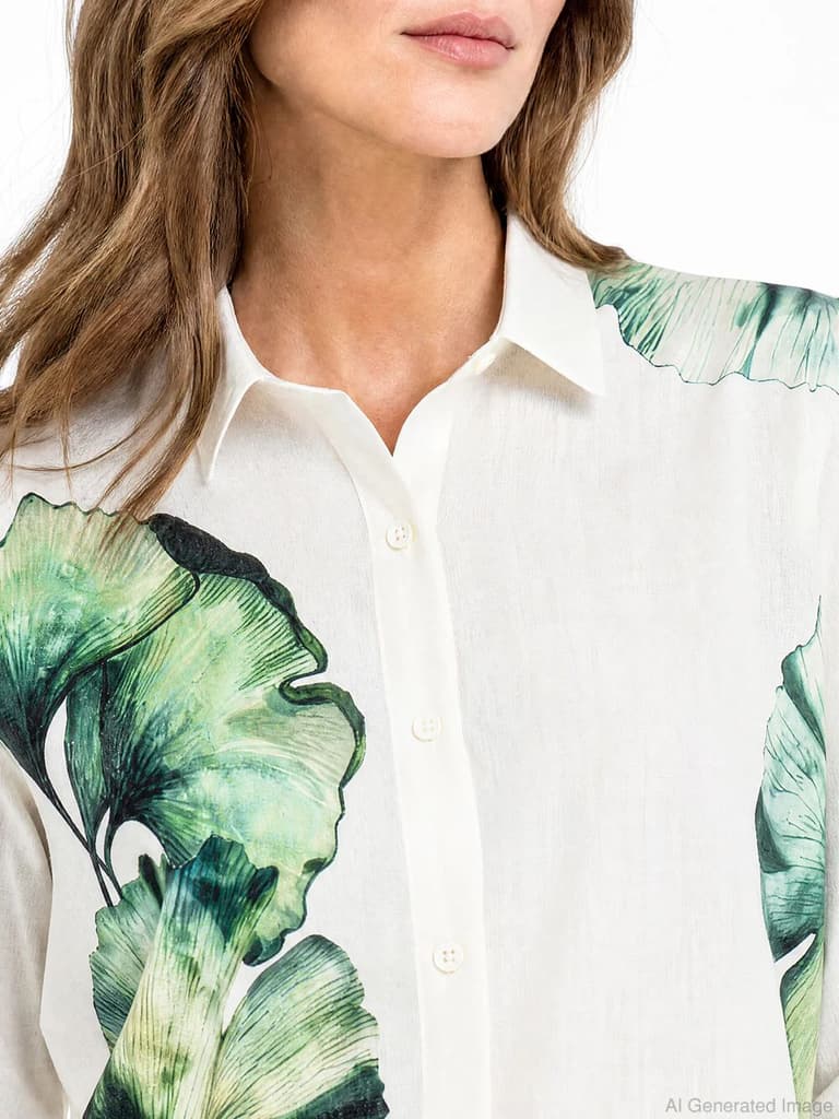 Shirts for Women in White | Cotton Linen Floral Full Sleeve Shirt — photo 3