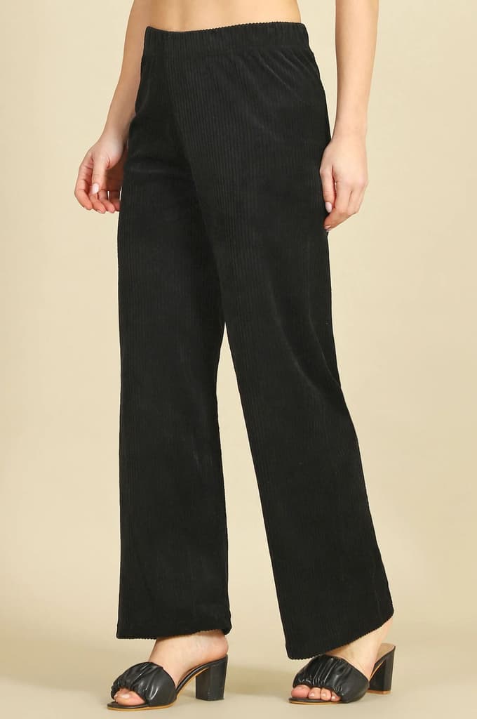 Black Solid Straight Fit Cotton Pants With Slip On Closure — photo 4