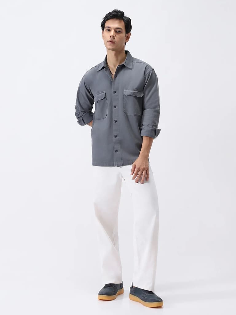 Men's Grey Cotton Full Sleeve Relaxed Fit Shacket with Utility Pockets — photo 5