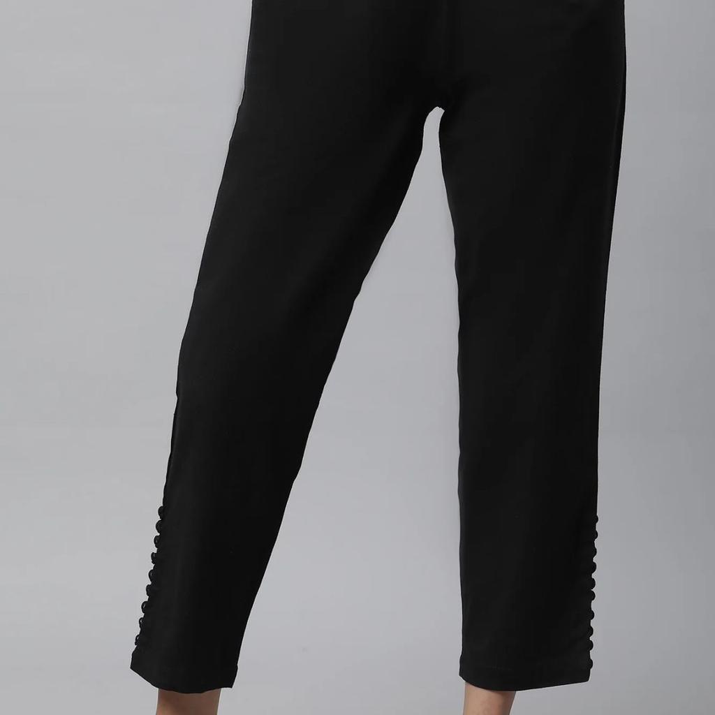 Black Solid Straight Fit Cotton Pants With Button Detail