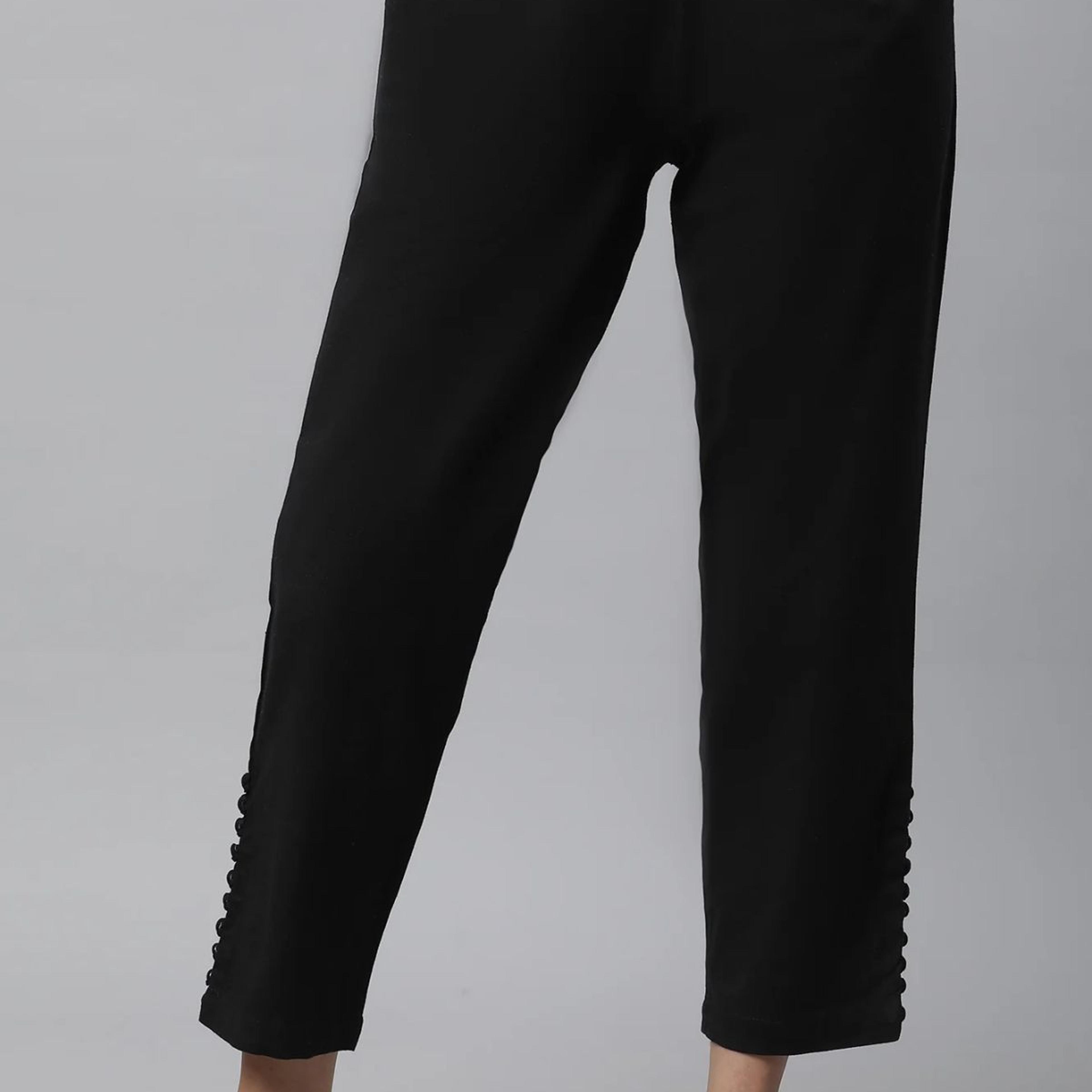 Black Solid Straight Fit Cotton Pants With Button Detail
