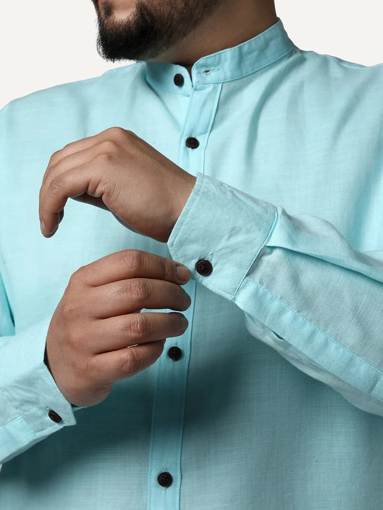 Plus Men's Sky Blue Linen Blend Full Sleeve Relaxed Fit Mandarin Collar Casual Solid Shirt — photo 6