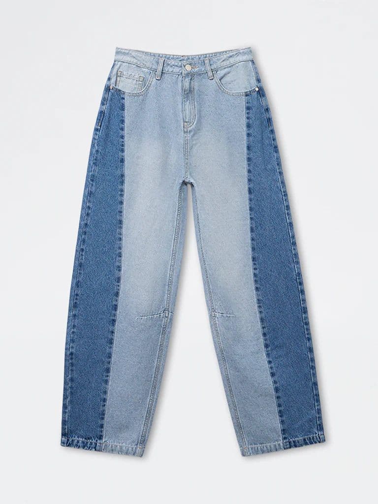 Y&F Kids Girls Blue Colour-Blocked High-Rise Jeans — photo 3